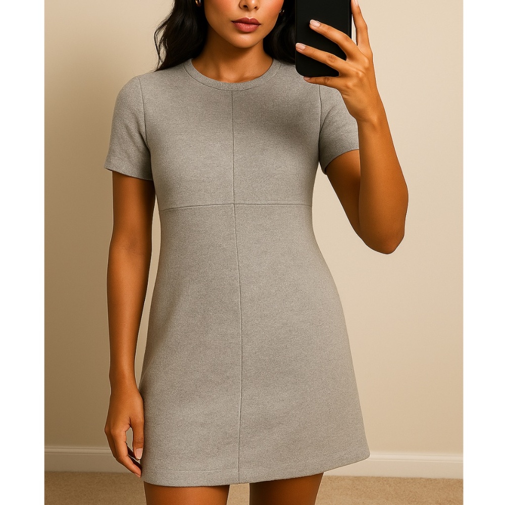 ZARA Gray Knit Mini Dress Short Sleeve Modern Shift Size Small